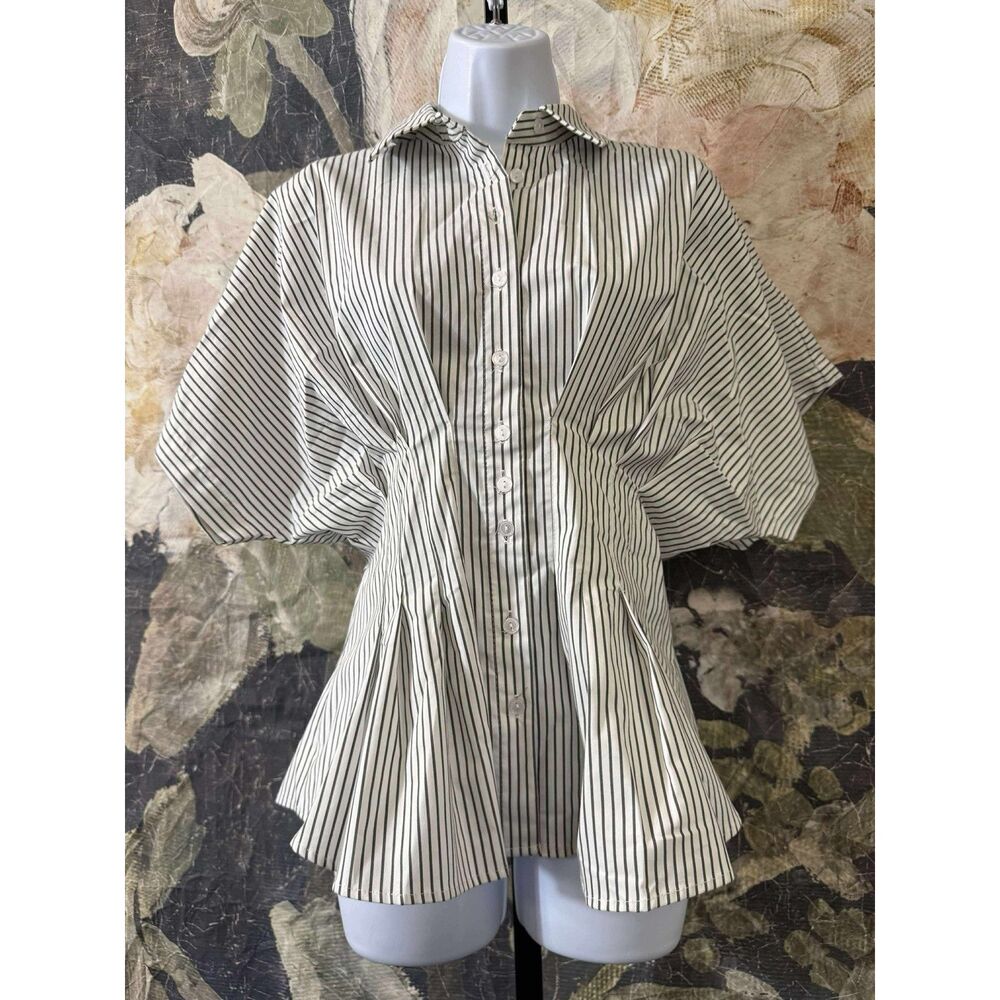 Anthropologie White and Black Pinstripe Button-Front Blouse - Picture 6 of 9